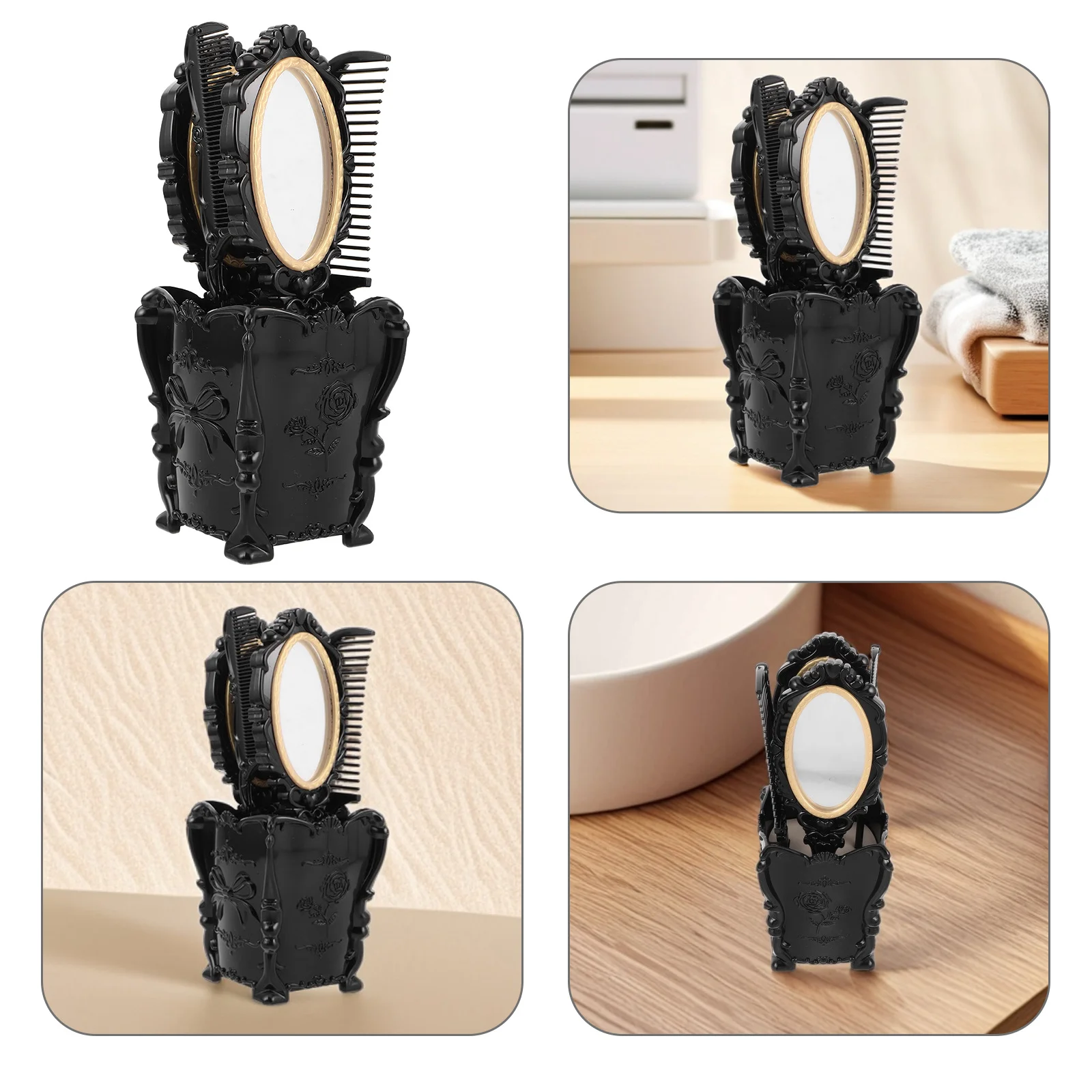 

Элегантная винтажная расческа для волос и набор ручных зеркал для женщин. В комплект входит организованный ящик для хранения. Модный настольный косметический аксессуар.