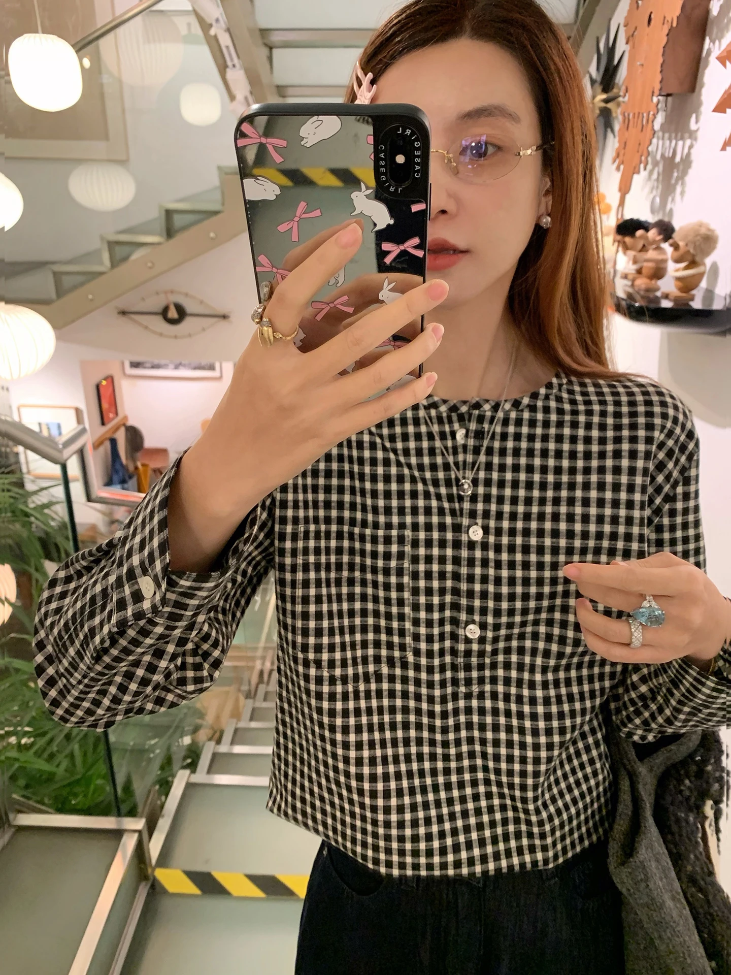 

Thevever Black Rice Floral Embroidery Vintage Elegant Henry Collar Long Sleeve Shirt Straight Cut Polyester Blend Women's Shirt
