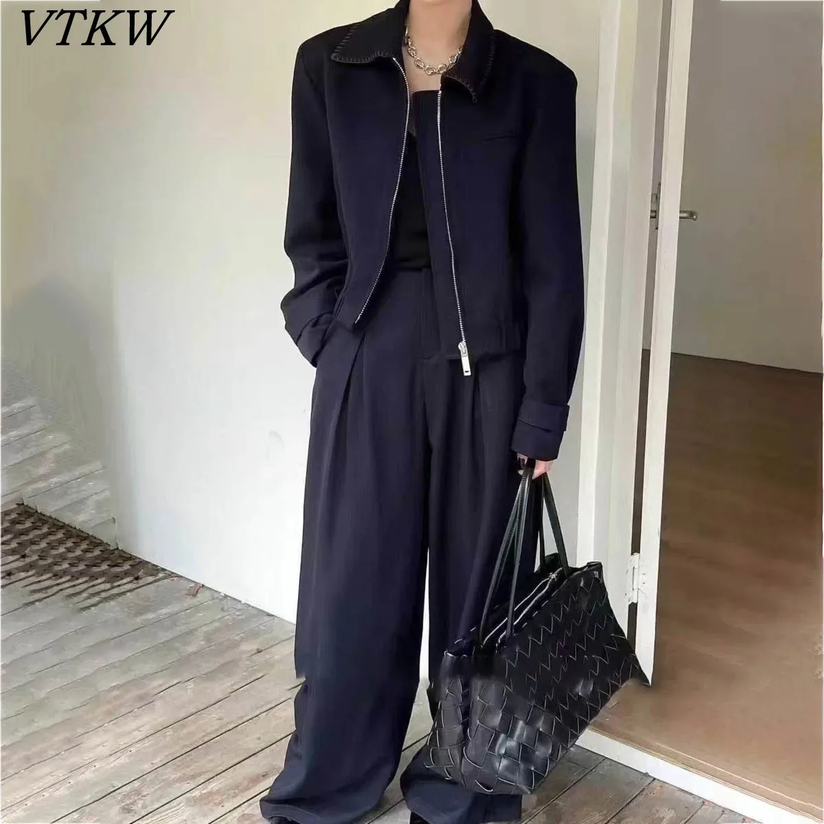 

VTKW Collarless Solid-color Zipper Design Casual Short-sleeved Top 2025 Spring New Style Loose Pants Denim Two-piece Set