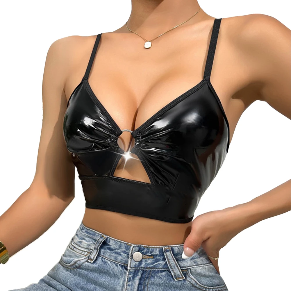 

Sexy Women Wet Look PVC Leather Wire-Free Bra Dance Halter Crop Tops Lingerie Oily Glossy Shiny Underwear Night Party Clubwear