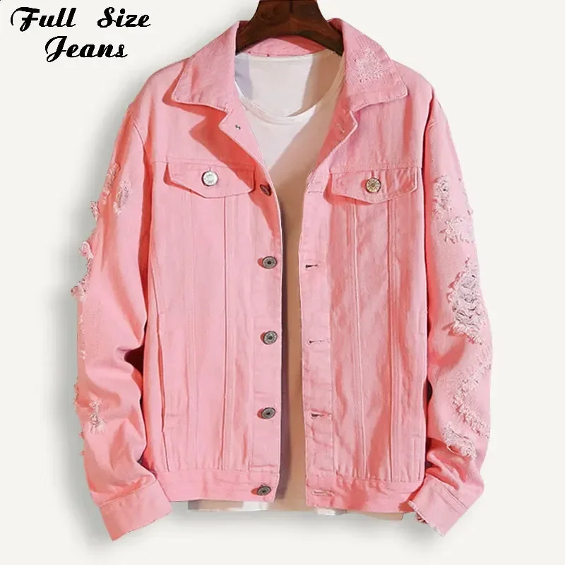 Plus Size Boyfriend Pink Lapel Denim Jacket For Women 3Xl 5Xl Streetwear Loose Ripped Red Basic White Jeans Coat Casual Outwear