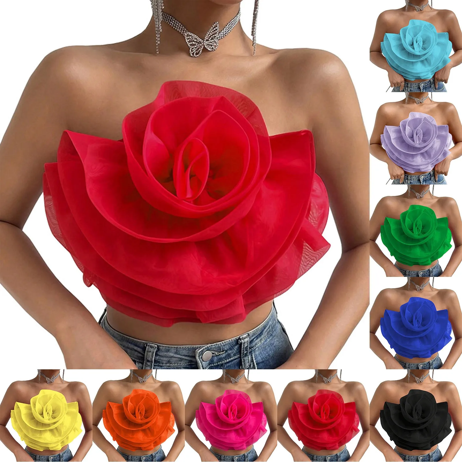 Slim Fit Women\'s Flower Front Crop Tube Top Sleeveless Strapless Solid Shirred Tops Camisole Loose Tops Women