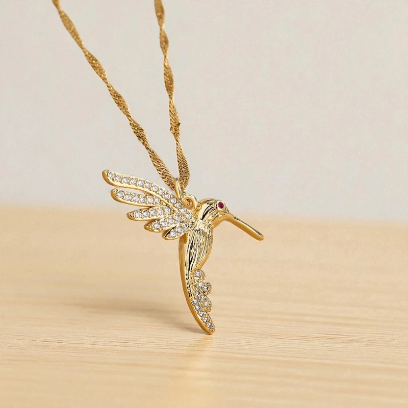

14K Gold Plated Copper Hummingbird Necklace Zircon Inlaid Delicate Luxury Nature Inspired Fashion Jewelry