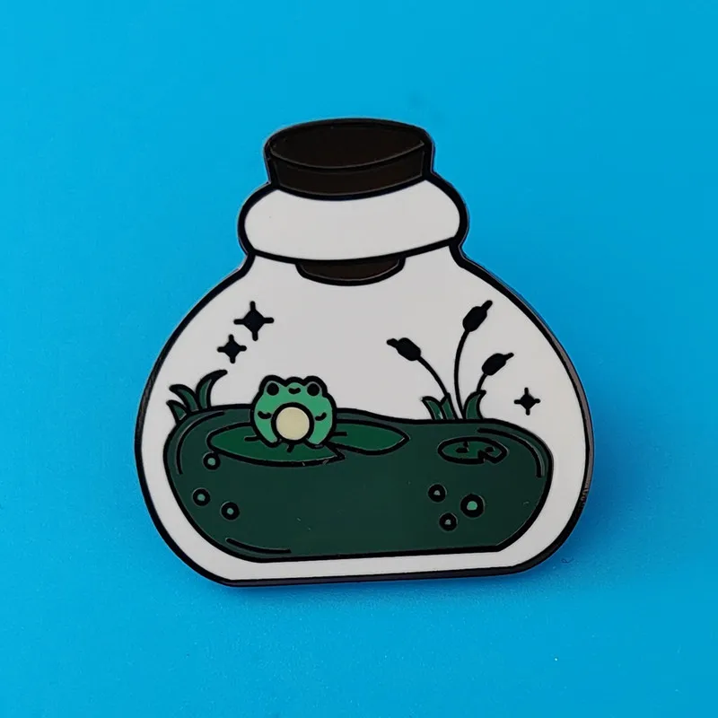 Niedlicher Frosch in einer Flasche, Brosche, gegen psychische Angstzustände, Metall-Emaille-Abzeichen, modisches Reversnadel-Accessoire