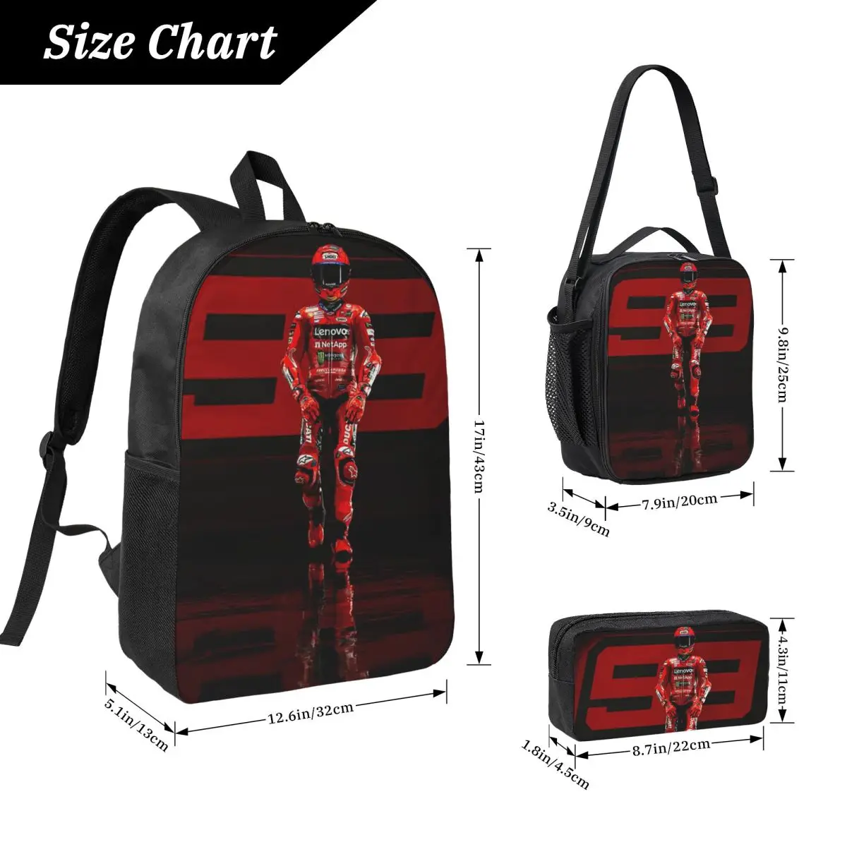 Motorcycle Marc Marqueze 93 Backpack Boys Girls BookBag School Bag Computer Shoulder Bags 3ps Insulated Lunch Bag Pencil Case
