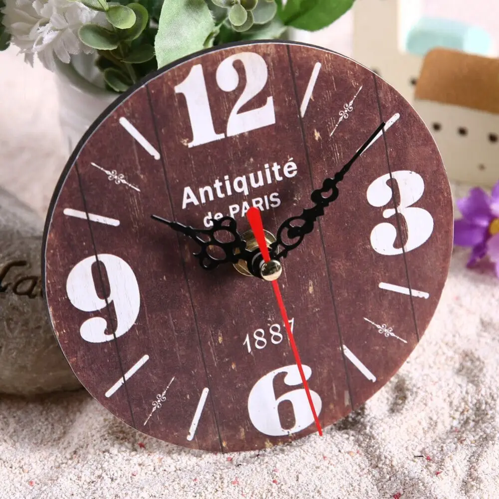 Vintage Wooden MDF Clock Round Shape Wall Clock Covered by Paper Desk Clock Creative Home Decoration for Living Room