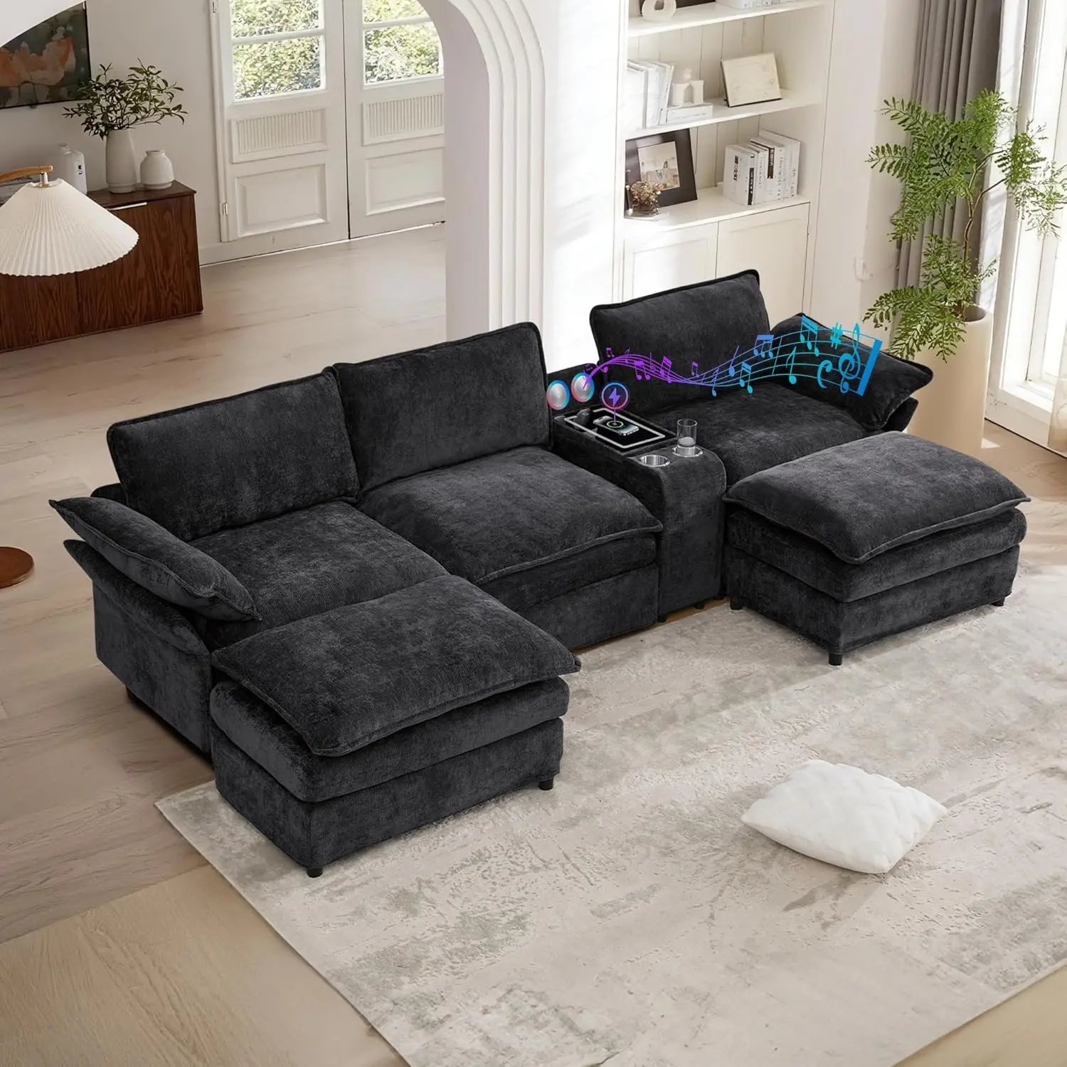 

124" Cloud Couch Sectional, Modular U Shaped Couch with Movable Ottomans, Modern Deep Seat Sofas for Living Room,, Customized