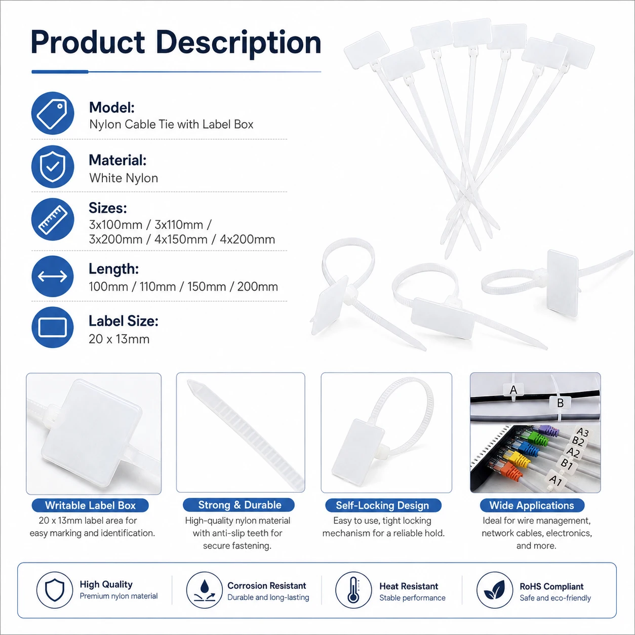 50-200Pc Write-on Cable Marker Zip Ties,Self-Locking Nylon Label Tags for Wire Power Cord Identification,Network Cable Organizer