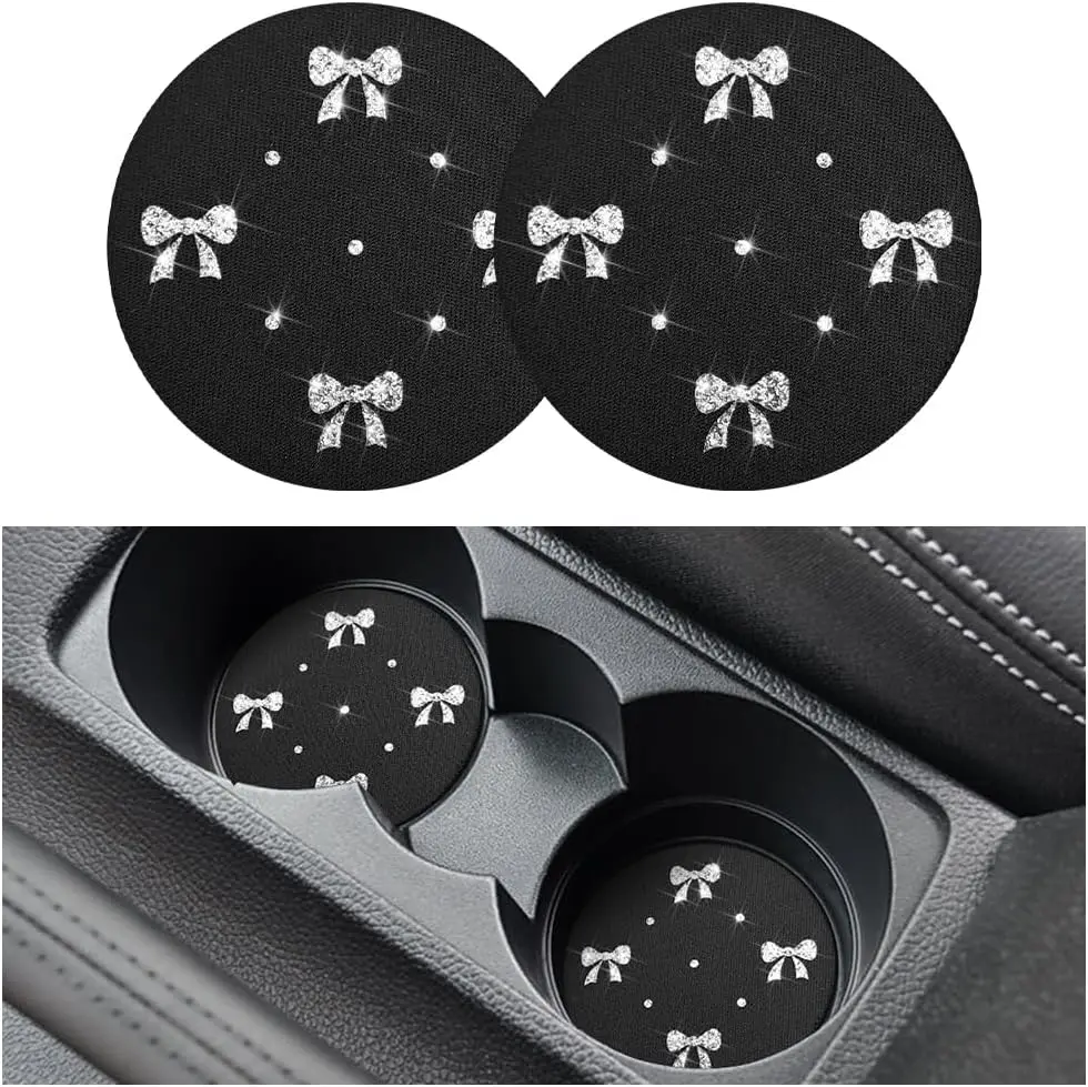 

Bling Car Coasters, 2PCS Rhinestone Bow Anti-Slip Vehicle Cup Holder Pad, Diamond Spill-Proof Automotive Insert Water Bottle Pro