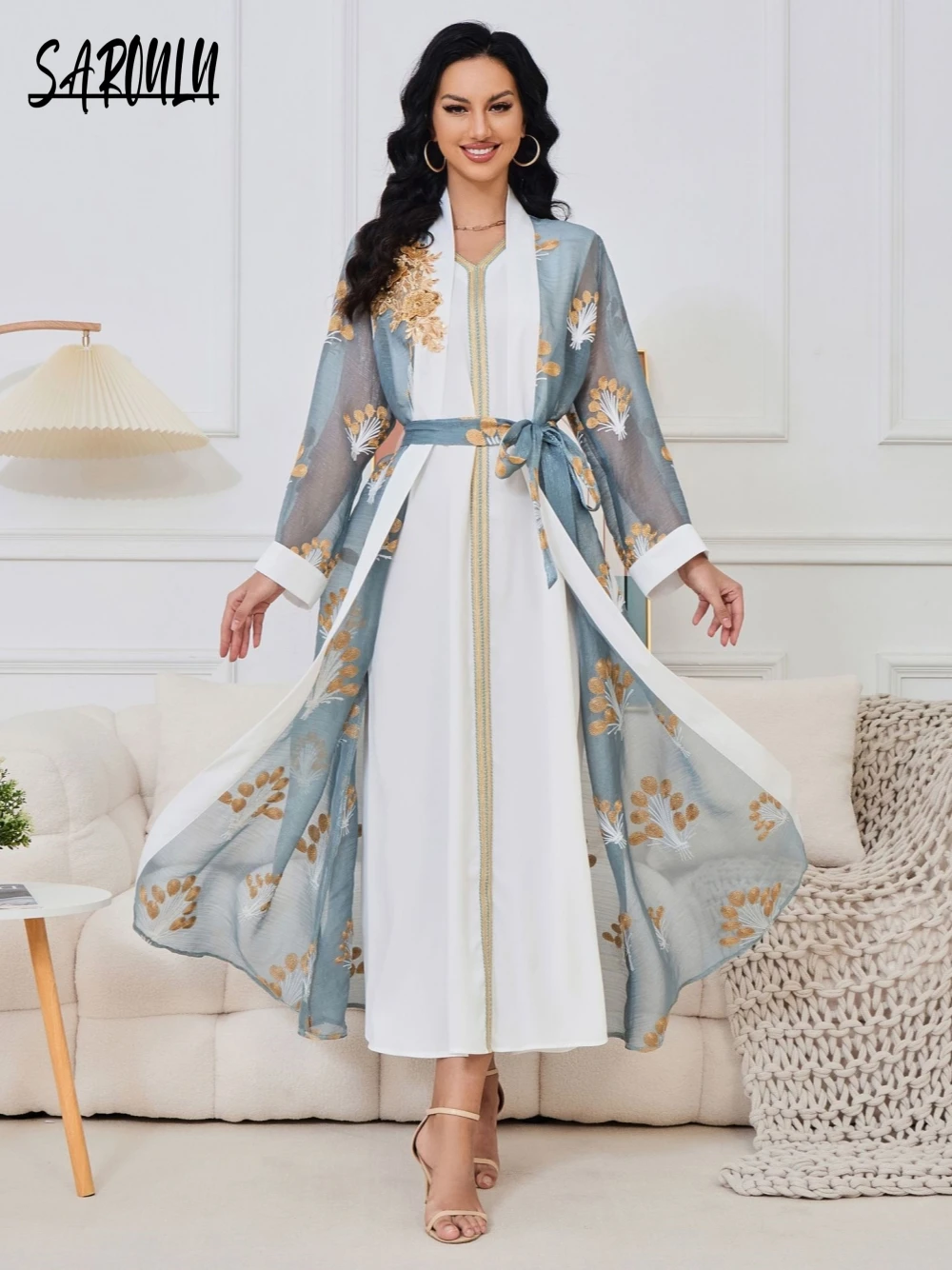 Light Blue Elegant Muslim Evening Dress A Line Party Customized Dubai Robe Kaftan Embroidery 2-pieces Appliques Classy Prom Gown