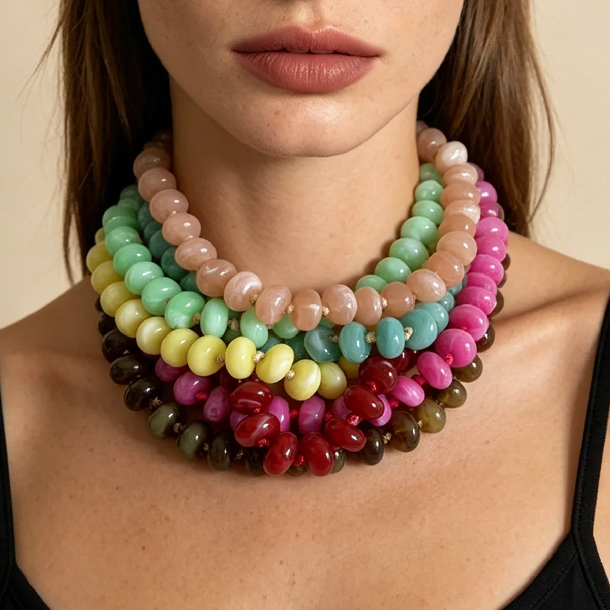 Colorful Blended Oval Resin Beaded Choker Necklace Women Bohemian Chunky Beads Strand Necklace Summer Vacation Trendy Jewelry