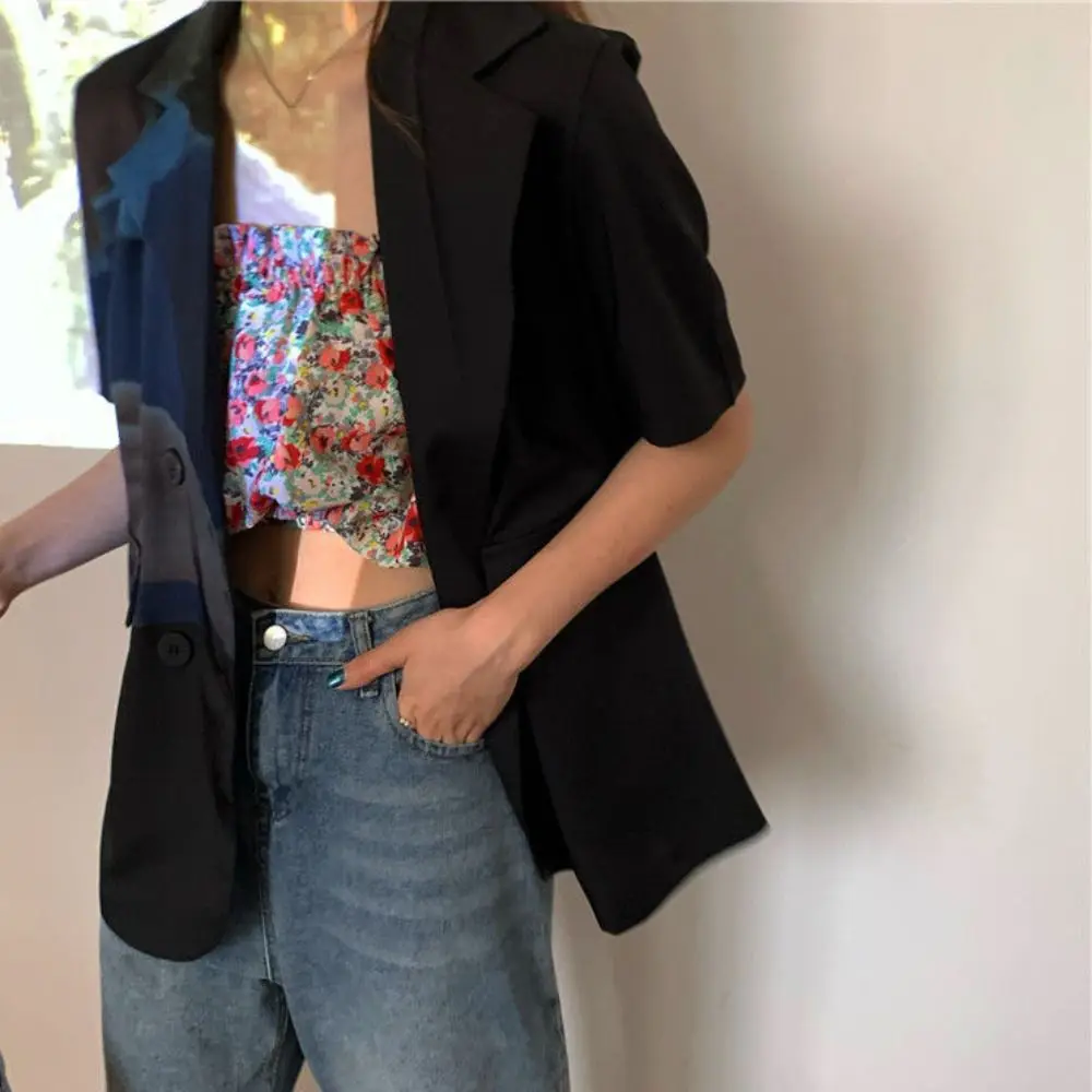 Traje informal de manga corta con cuello en V para mujer, traje de estilo de negocios con cuello abatible fino Simple, abrigo de Color caramelo, traje de talla grande para mujer, Top para chica