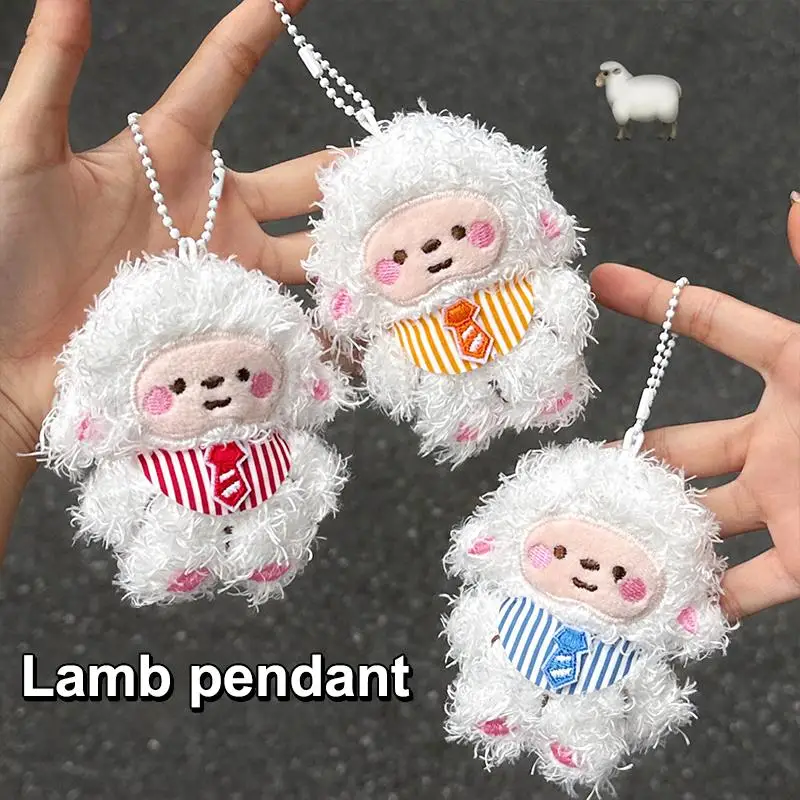 Cute Fluffy Sheep Plush Pendant Soft Striped Vest Tie Design Portable Bag Keychain for Kids Girls Holiday Present