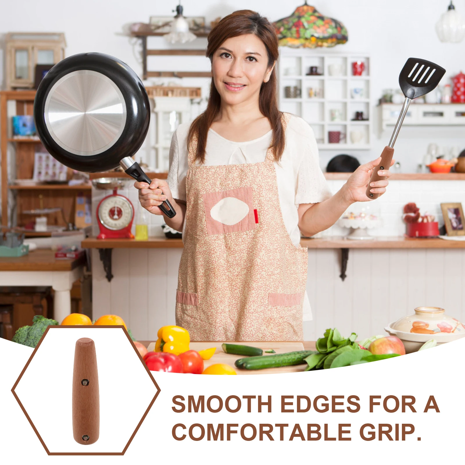 

1Set Kitchen Spatula Handle Wooden Replacement Anti-Scald Replacement Handle Grip for Frying Pan Turner