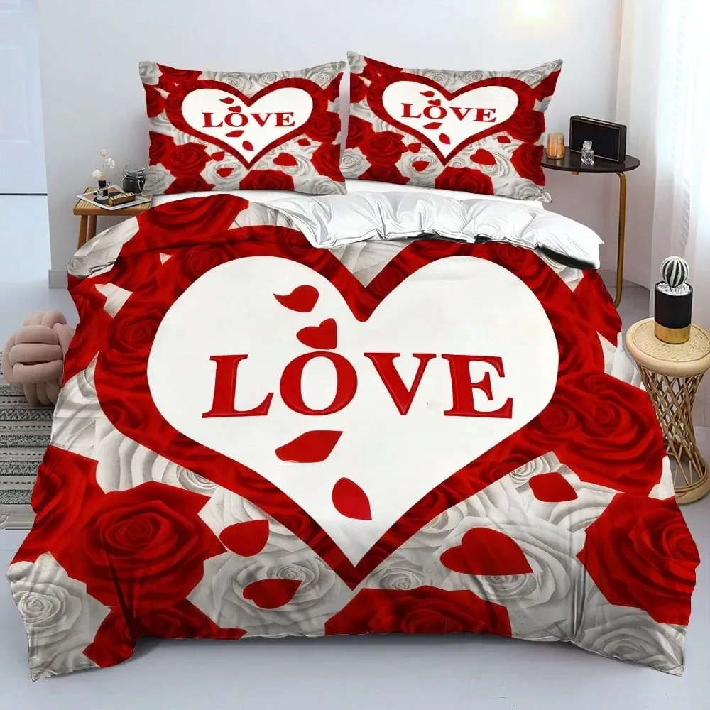 

Комплект постельного белья с романтическим принтом в виде сердец и роз, 1 пододеяльник, 2 наволочки, без наполнителя, красно-белый узор ко Дню святого Валентина.