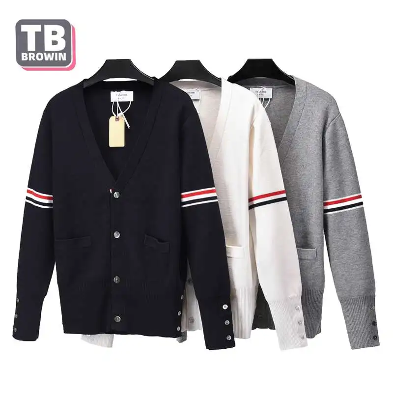

TB YJ01 Men's Wool Sweater 4 bar stripes thom New Floral Cardigan V-neck Luxury Cardigan Korean Casual