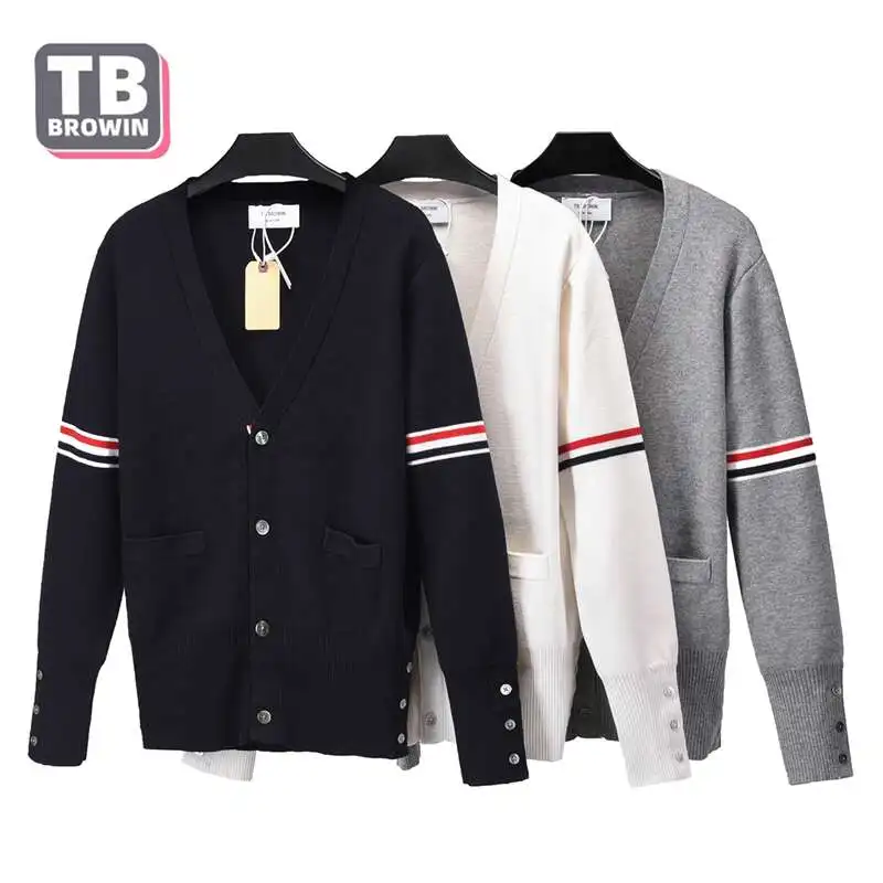 TB YJ01 Men\'s Wool Sweater  4 bar stripes thom New Floral Cardigan V-neck Luxury Cardigan Korean Casual