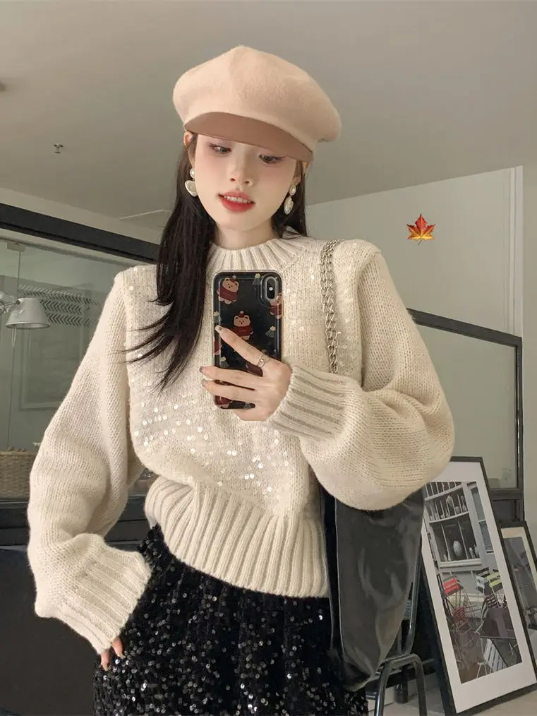 2024 Winter New French Style Glitter Sweater for Women Short Autumn and Winter New Korean Fashionable Versatile Knitted Top