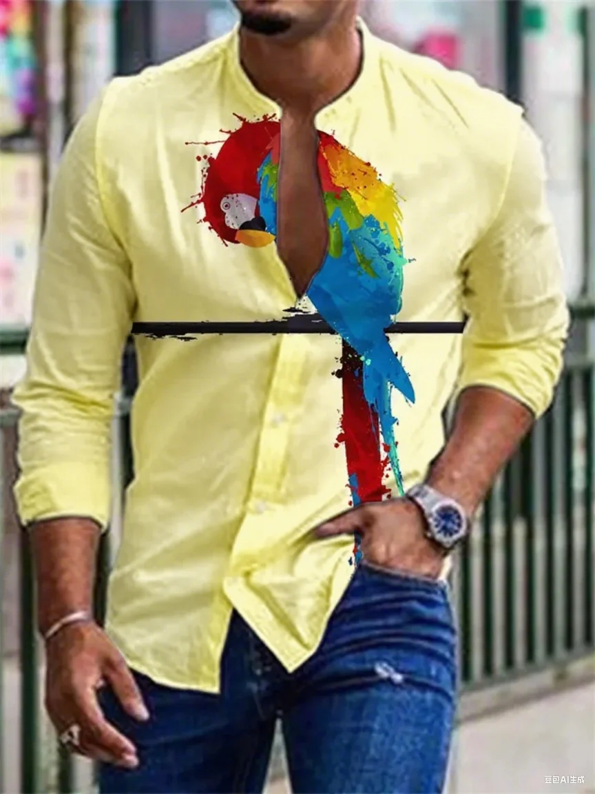 

New Men's Shirt Long Sleeve Shirt 3D Printed Parrot Pattern Long Sleeve Stand Collar Shirt Fashion Casual XS-6XL Hawaiian Style