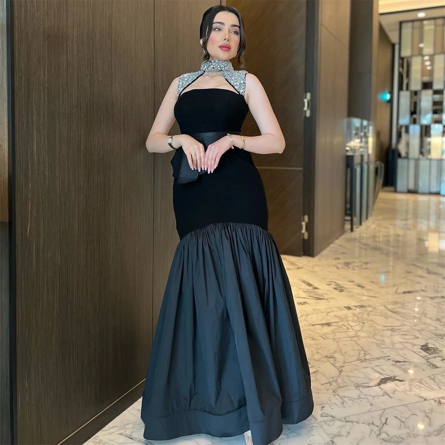 

Black Beaded Long Bespoke Occasion Gown Evening Dresses Pastrol Unisex Jersey Retro Dubai Saudi Arabic Israel Prom Customized