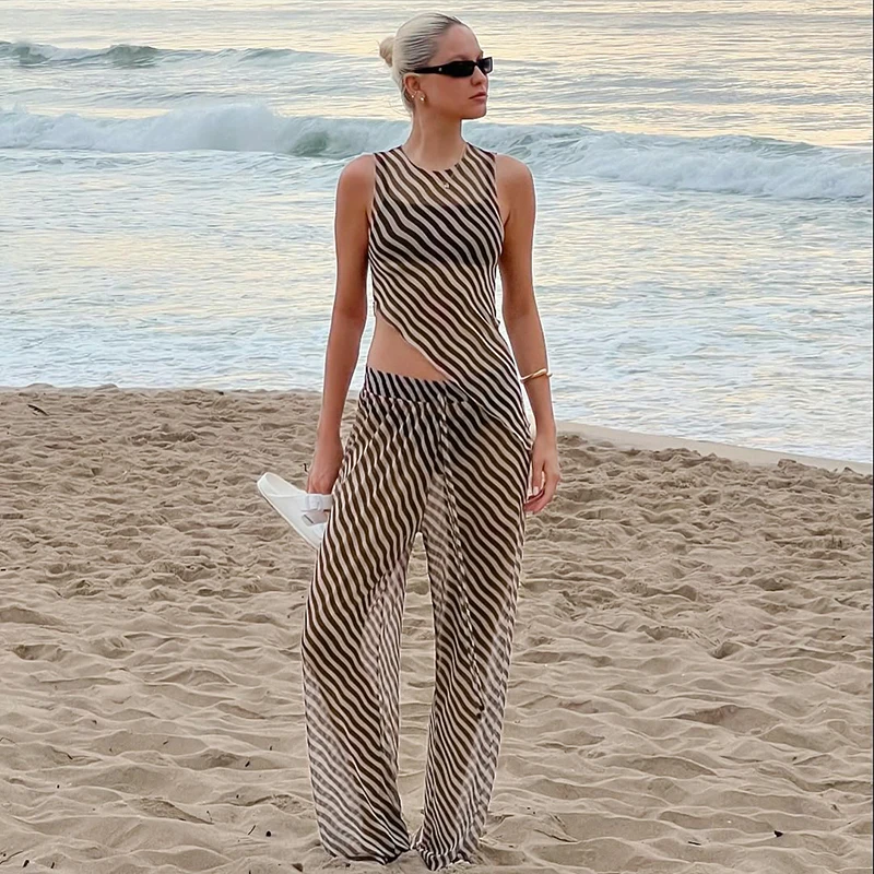 

CUTENOVA Women'S Diagonal Striped See-Through Set Sleeveless Irregular Tank Top + Loose Pants Beach Set Summer New Casual Simple