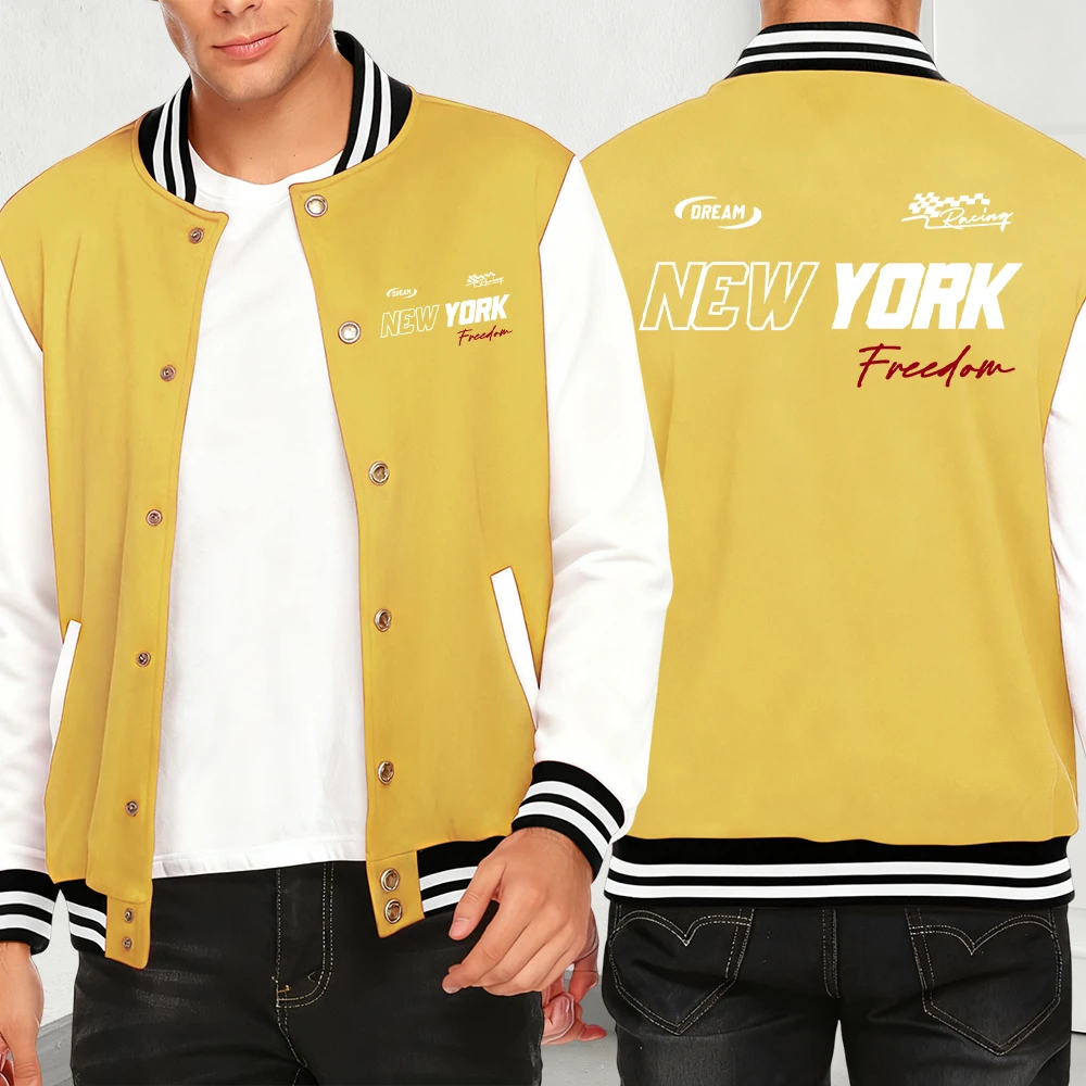 

New York Dream Freedom Letter Print Jacket Men Autumn Winter Loose Baseball Jersey Multicolor Casual Y2K Pocket Fleece Menwear