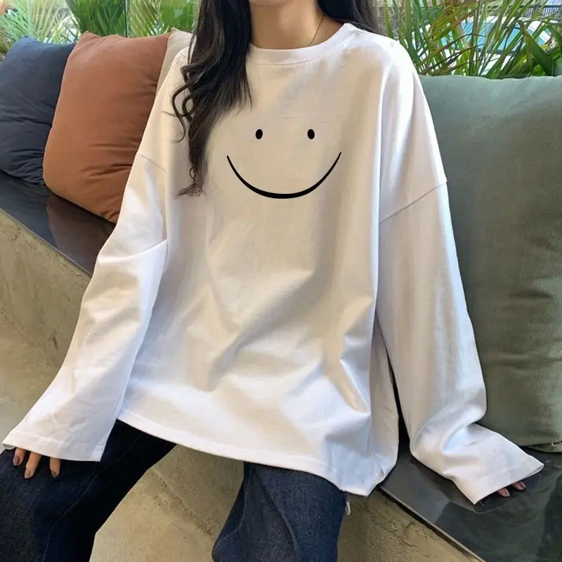 

2023 Spring and Autumn Underwear Long Sleeve Round Neck Print Pullover Loose Relaxed Lazy Oversized Versatile Women's T-shirt