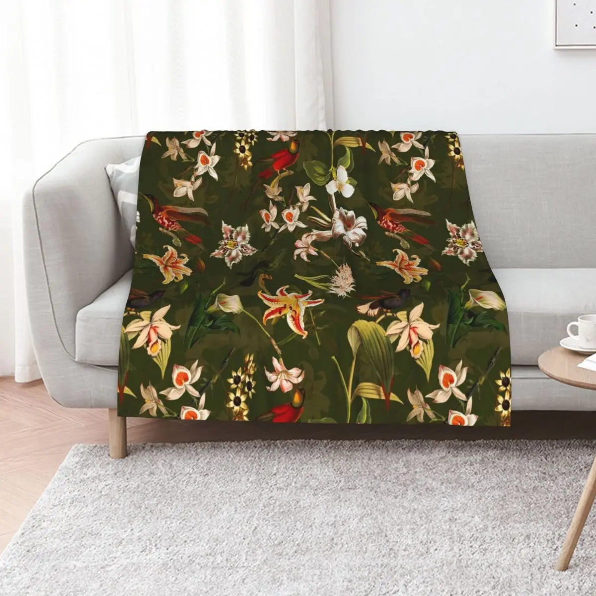 Pierre Joseph Redoute vintage flowers and hummingbirds nostalgic seamless safari green pattern Throw Blanket Furrys Blankets