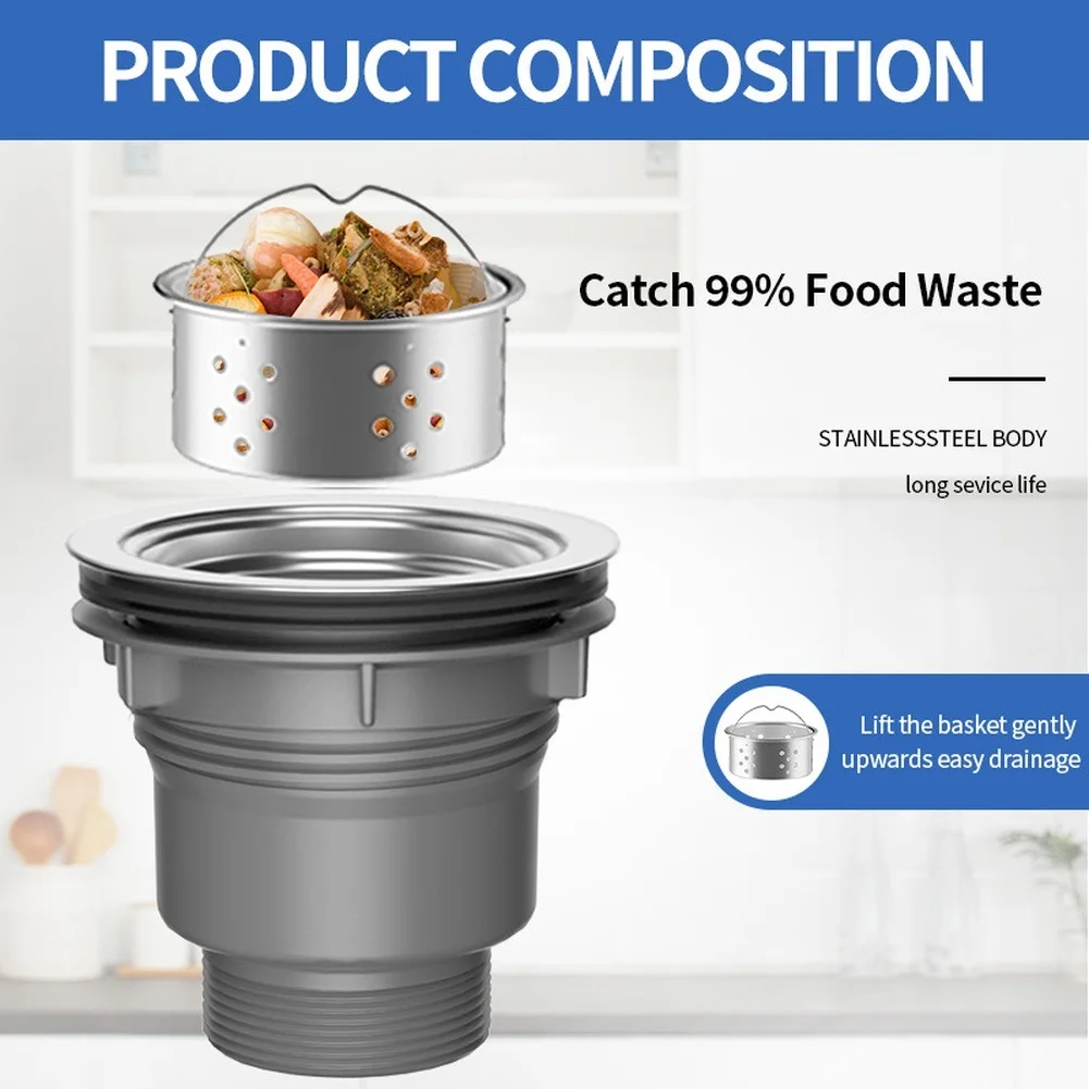 Stainless Steel Kitchen Sink Strainer Basket Removable Food Debris Filter Drain Drainage Pipe Washbasin Drain Complete