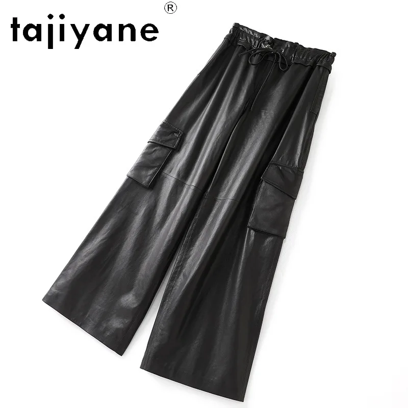 TAJIYANE Genuine Leather Pants Semi Vegetable-Tanned Sheepskin Cargo Pants of Women Elastic Bubble Waist Straight Trousers Штаны