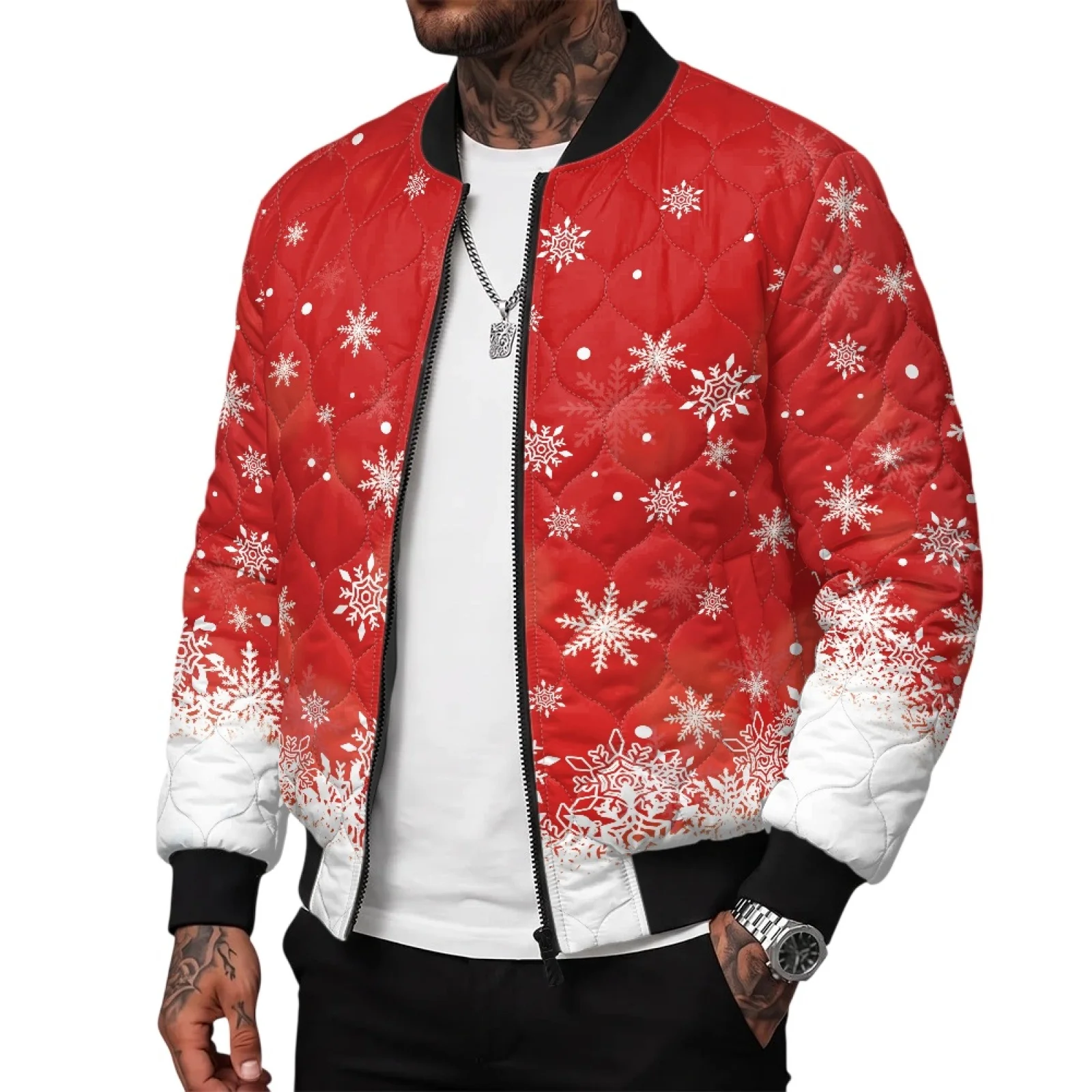 PENSTROLL Snowflake Gradient Print Men Long Sleeve Padded Bomber Outerwear for Daily Wear Versatile Winter Outerwear Coats