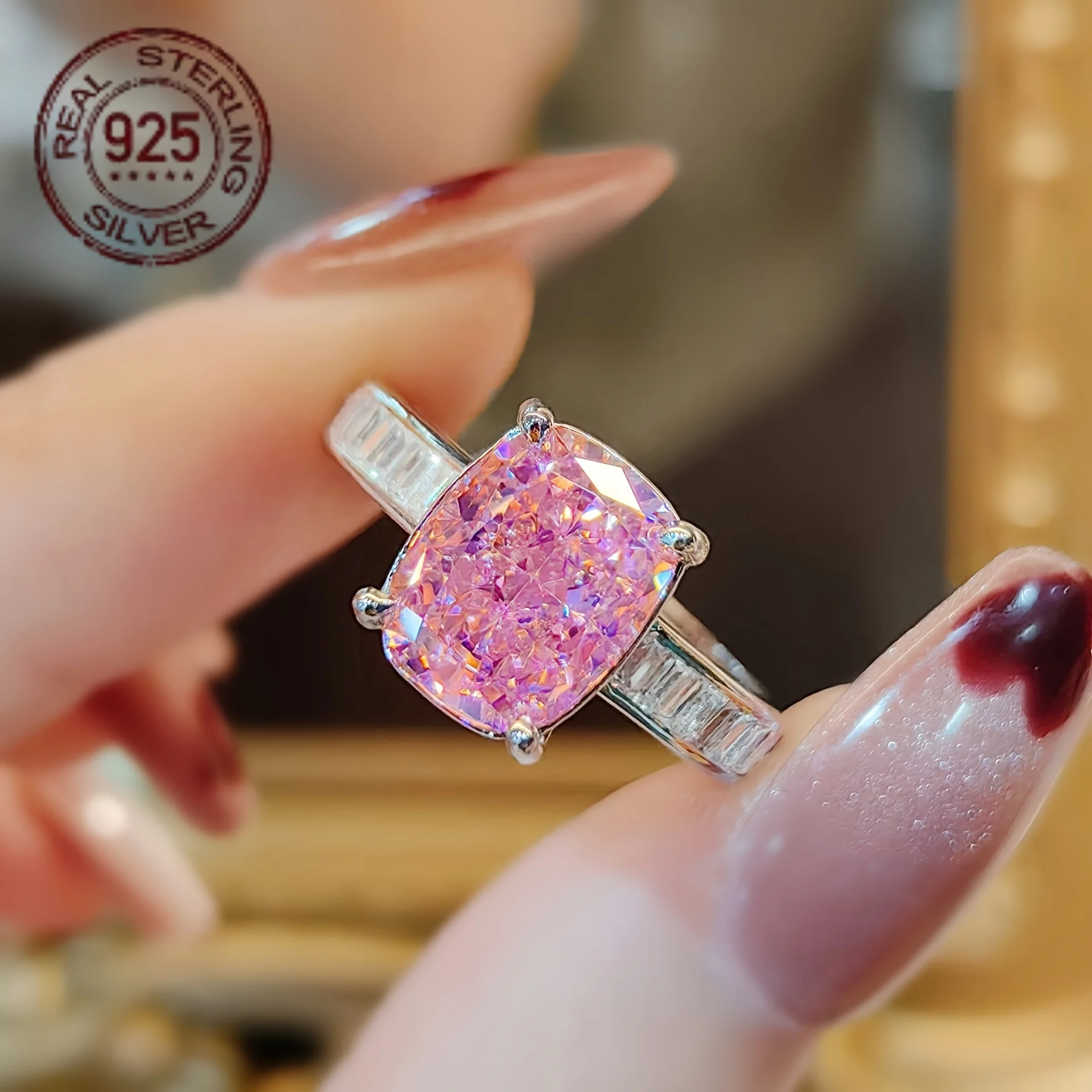 

Обручальные кольца с сияющим лабораторным бриллиантом 4,2 карата, стерлинговое серебро 925 пробы, розовый циркон, белое золото, женское обручальное кольцо в стиле знаменитостей