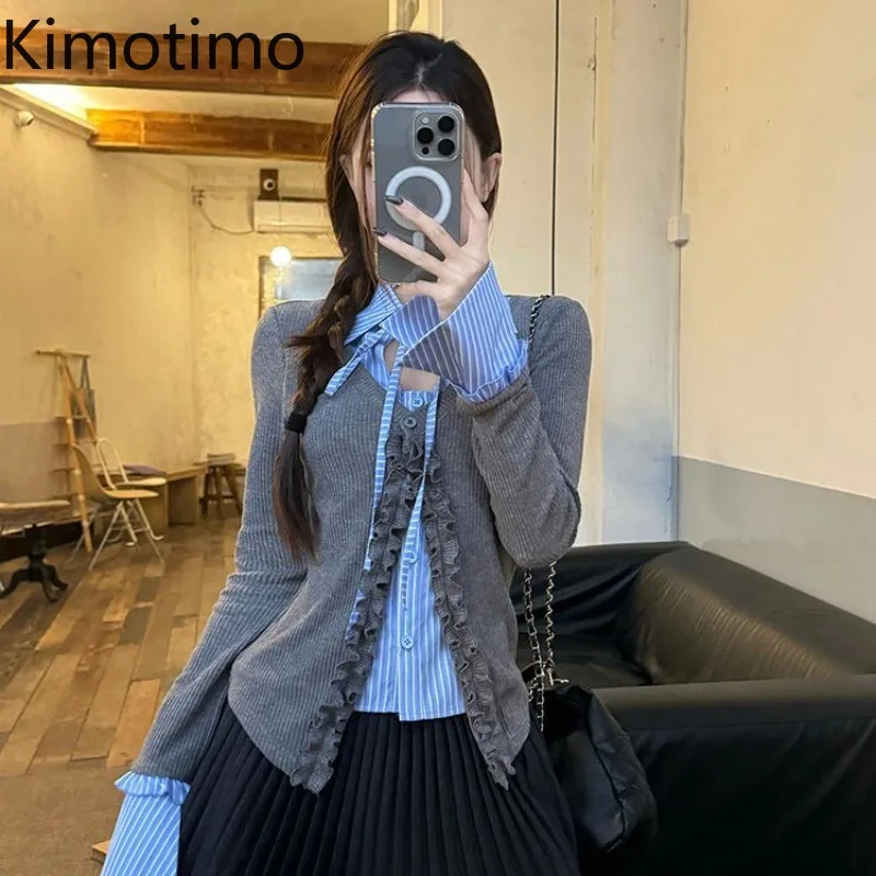 

Kimotimo Fungus Edge Plaid Patchwork Lace Up Long Sleeve Knitted Cardigan Women 2025 Autumn Y2k Slim Fit Fake Two Pieces Tops