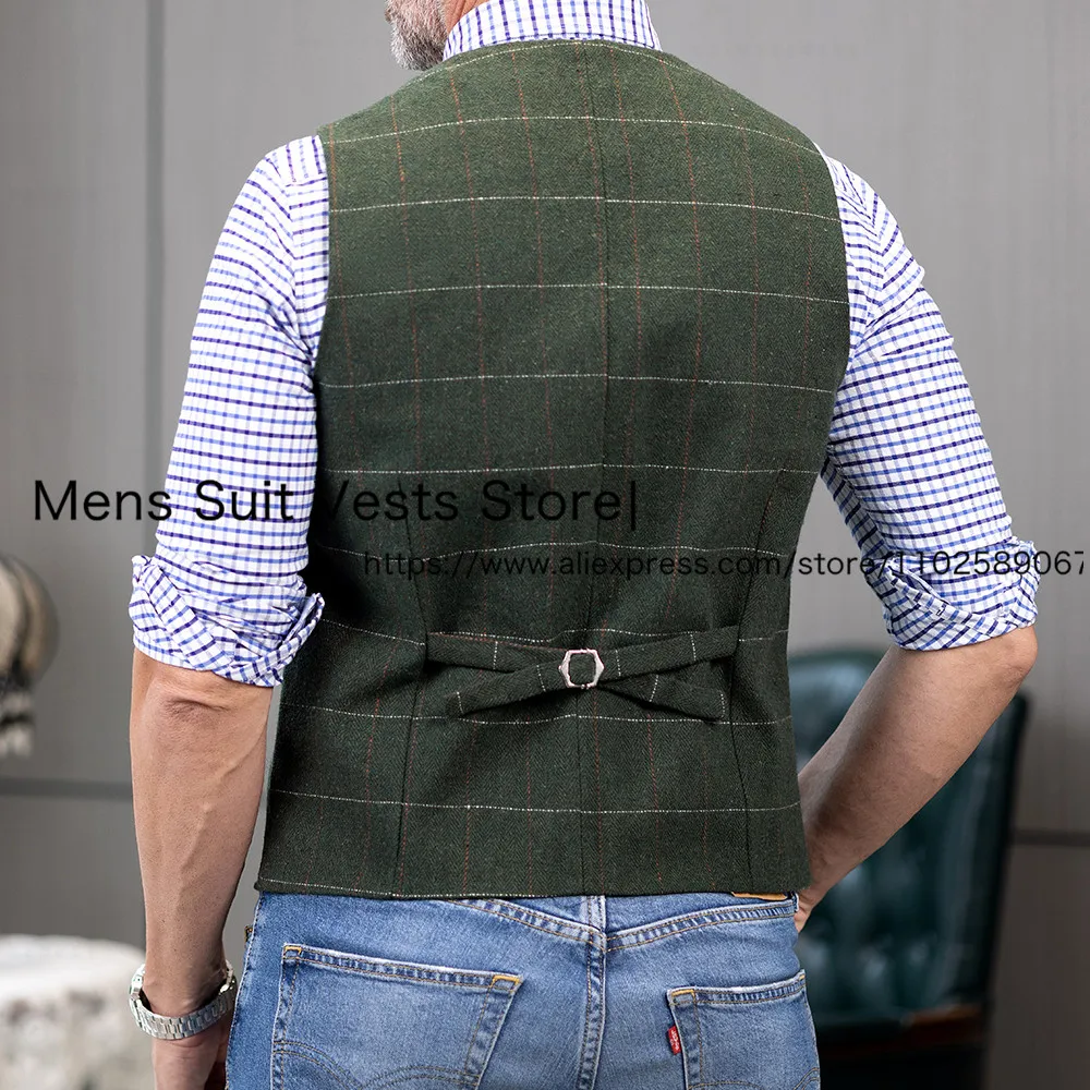 Lapel Neck Herringbone Plaid Men's Vest Single Breasted Slim Fit Realistic Images Men's Waistcoat For Wediing Groomsemen