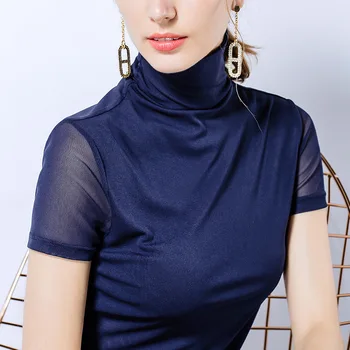 S-3XL 메쉬 티셔츠 여성용 터틀넥 슬림 소프트 반팔 티셔츠, 우아한 하이 스트레치 탑, 여성 기본 티셔츠