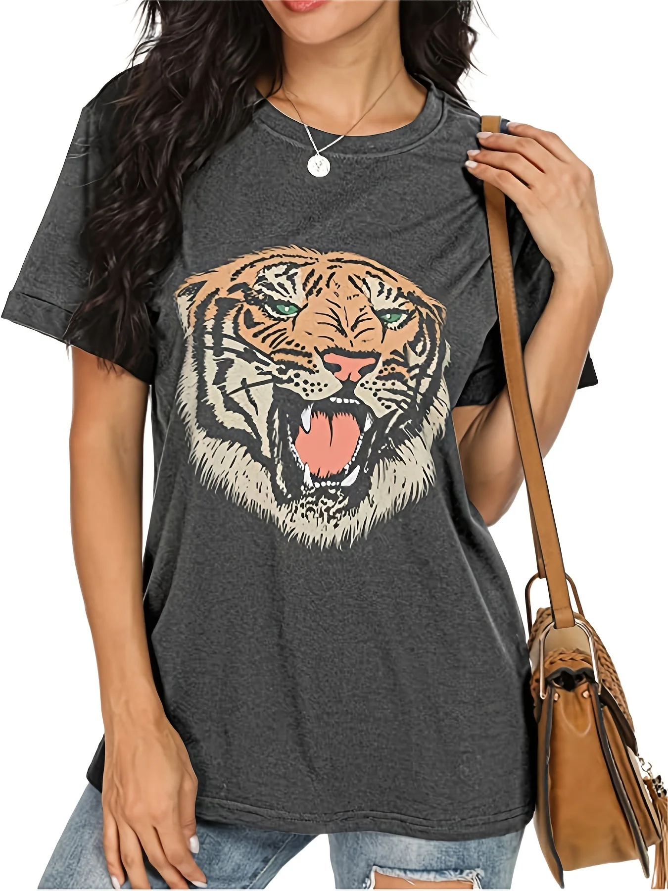 Tiger Graphic Short Sleeve T-Shirt, Crew Neck Casual Every Day Top For Summer & Spring, Women's Clothing