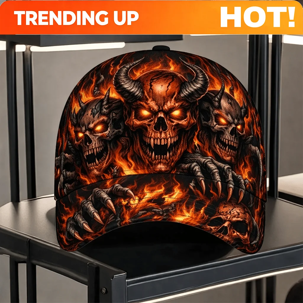 Custom Adjustable Gothic Triple Demon Skull Claw Baseball Cap - Lightweight Motorcycle Headwear With Triple Demon & Skull Print,