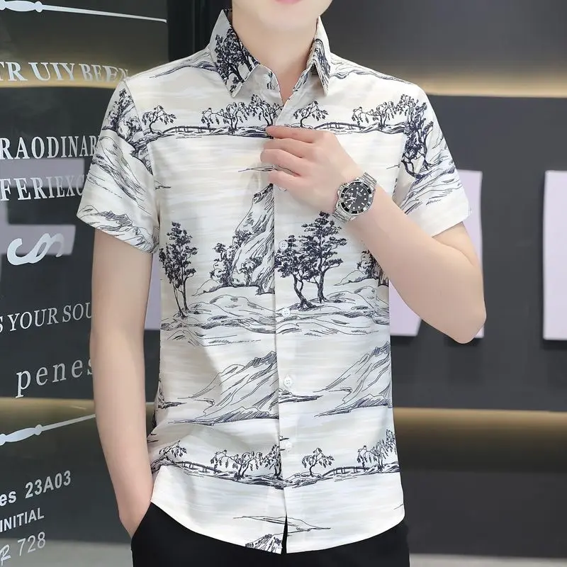 Vintage Printed Lapel Button Loose Short Sleeve Shirts Men\'s Clothing 2024 Summer New Oversized Casual Tops Korean Shirt