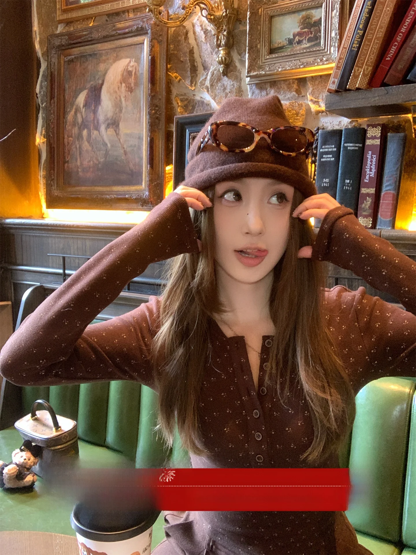 

Korean Sle Floral Print Henry Collar round Ne Base irt BM Sle Winter New Arrival Slim Fit Long Sve Women's T-irt