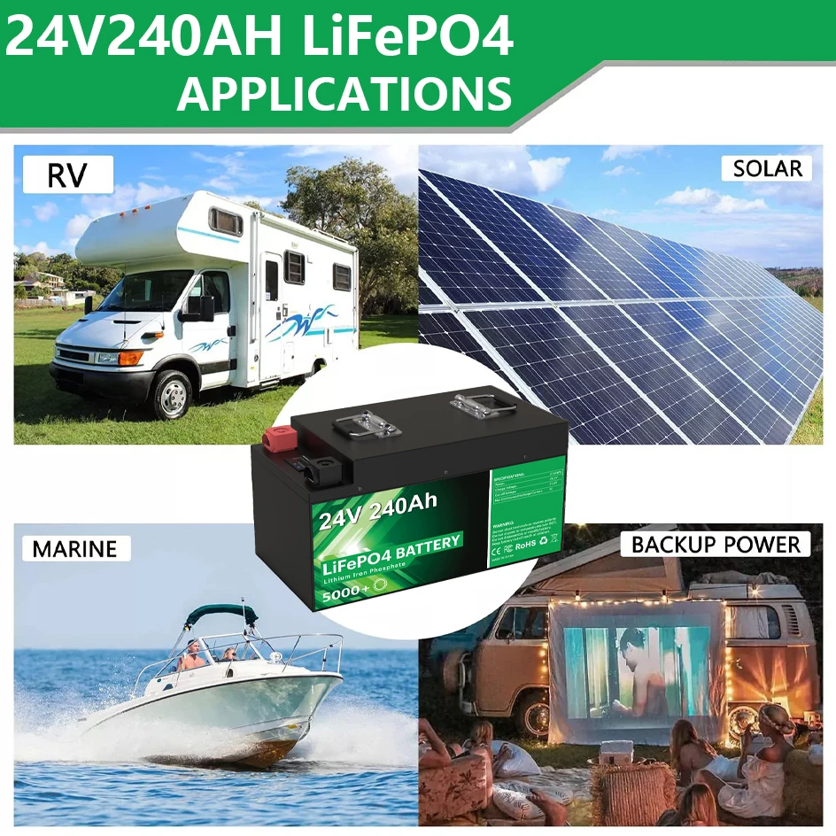 New 24V 240Ah LiFePO4 Battery 6144Wh 25.6V 200Ah 100Ah RV Golf Cart Battery 5000+ Cycle Built-in 8S 200A BMS Grade A Cell NO TAX