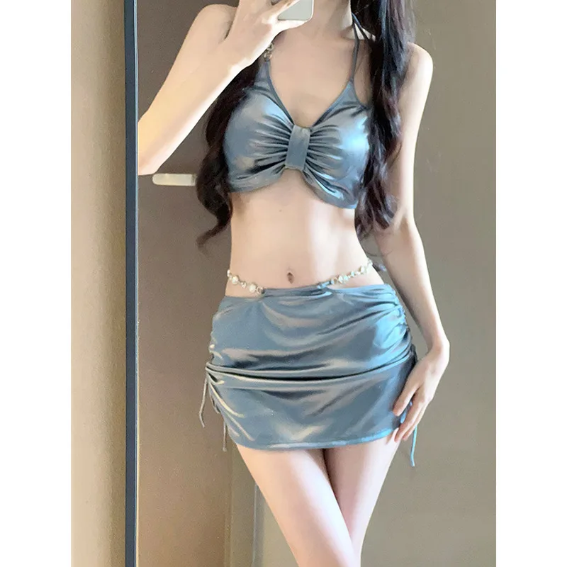 2025 New Swimsuit Women's Silver High-end Sexy Split Three-piece Hot Spring Vacation Fashion Bikini Babes