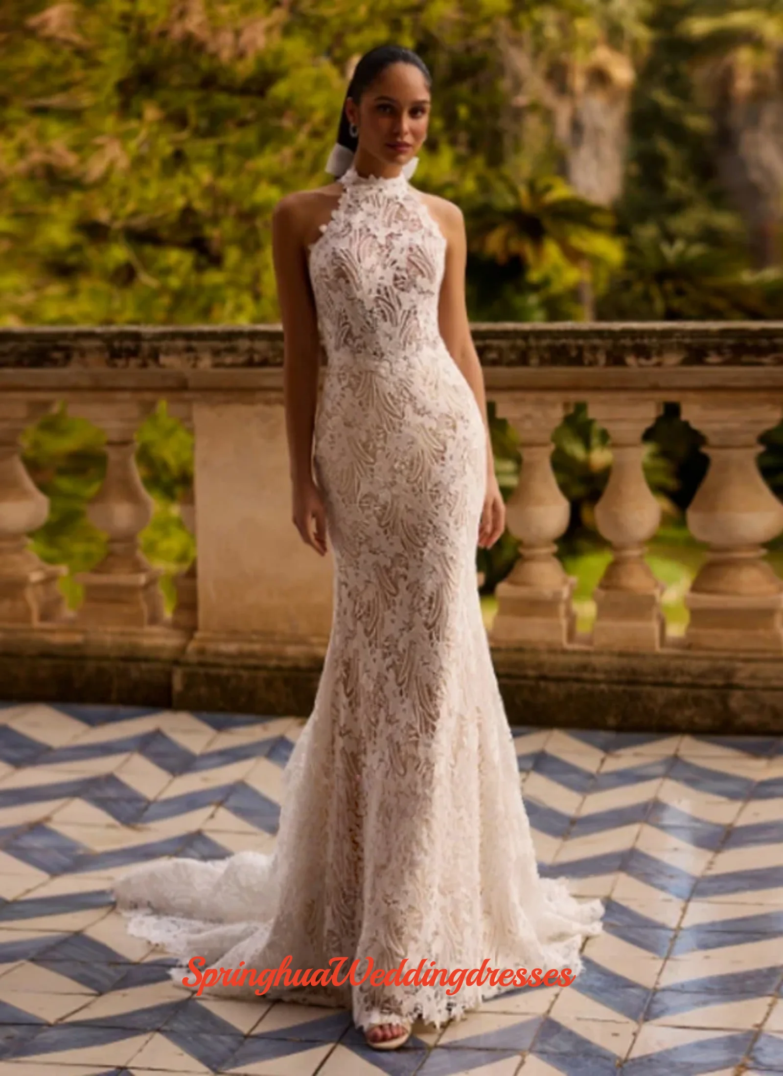 

Customized Halter Neck Sleeveless High Quality Lace Mermaid Wedding Dress Backless Zipper Bridal Gowns Vestidos De Novia