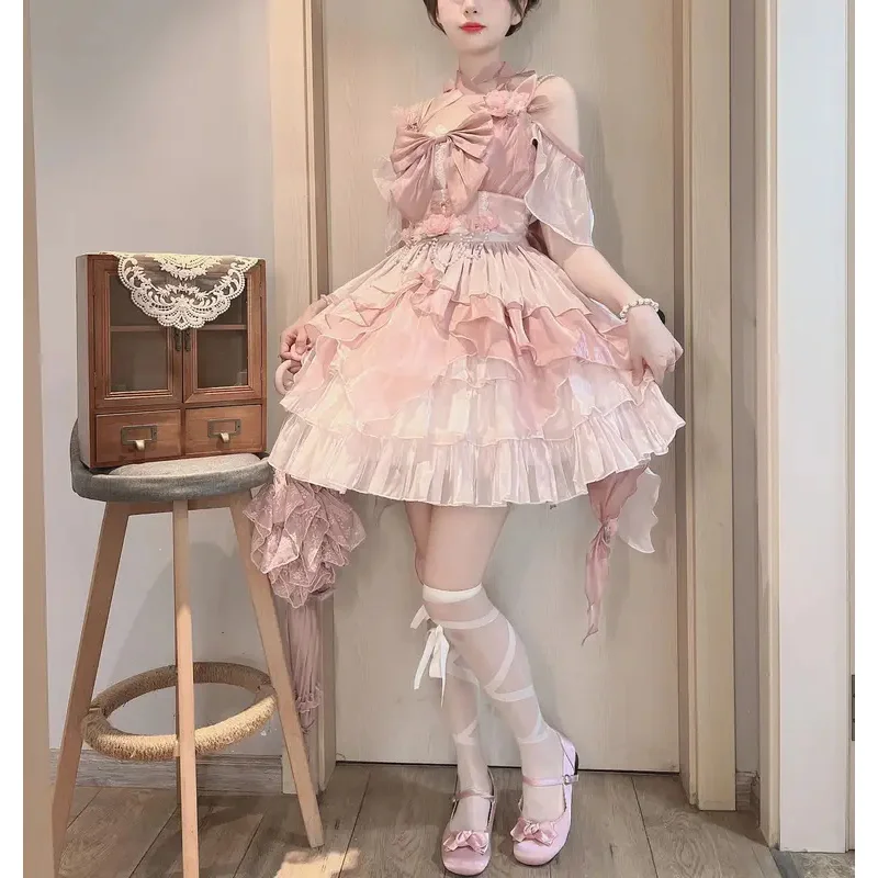 SS23Pink flor boda Lolita Jsk precioso elegante Escape princesa dulce cuello alto vestido de fiesta de cumpleaños para niñas jóvenes