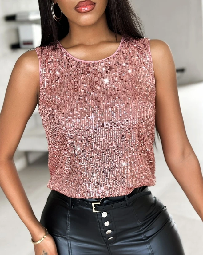 Women\'s Casual Tank Top 2024 Spring Summer Latest Allover Sequin Round Neck Vest Fashion Sleeveless Daily Versatile Sling