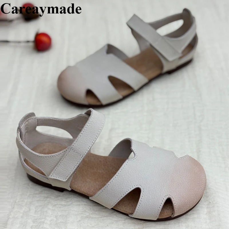 Careaymade-chaussures en cuir véritable pour femmes, sandales d'été Hollow Art Beach, à bout rond, semelles souples et confortables, chaussures plates pour femmes