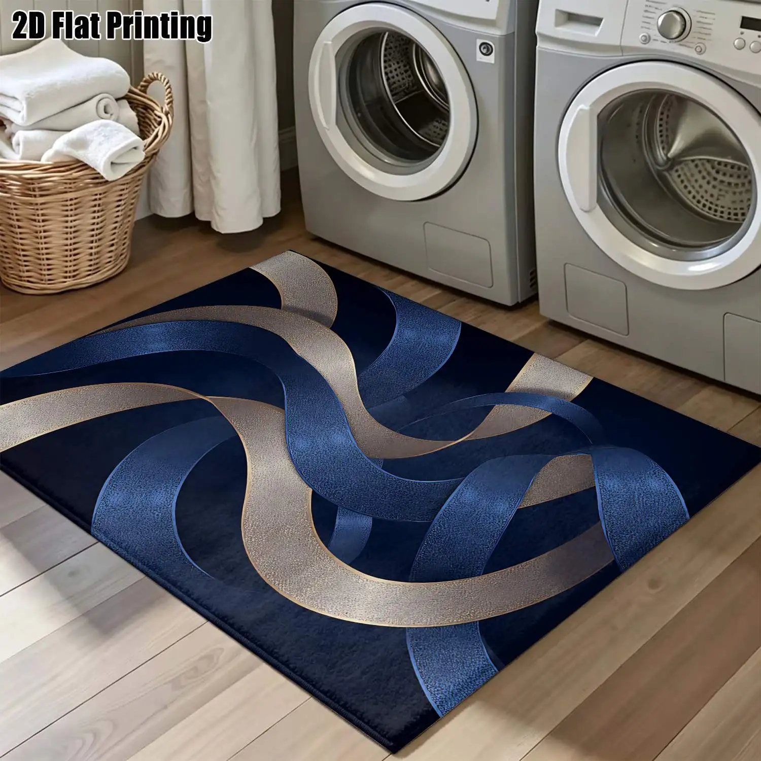 1Pc 2D Printed Blue & Gold Ribbon Pattern Carpet, Nordic/Instagram Style, Modern Minimalist Geometric Striped Abstract Art Floor Mat, Multi-Size, Machine Washable, for Entrance, Dining Room, Foyer, Living Room, Bedroom Home Decoration