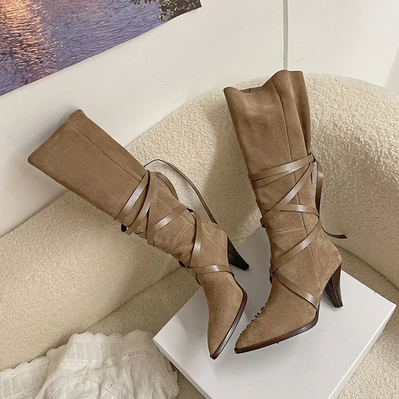 

Scrub Straps Slip on Knee-length Boots 2022 Winter New Pointed Toe Thick Heel Tapered Heel Women's Boots