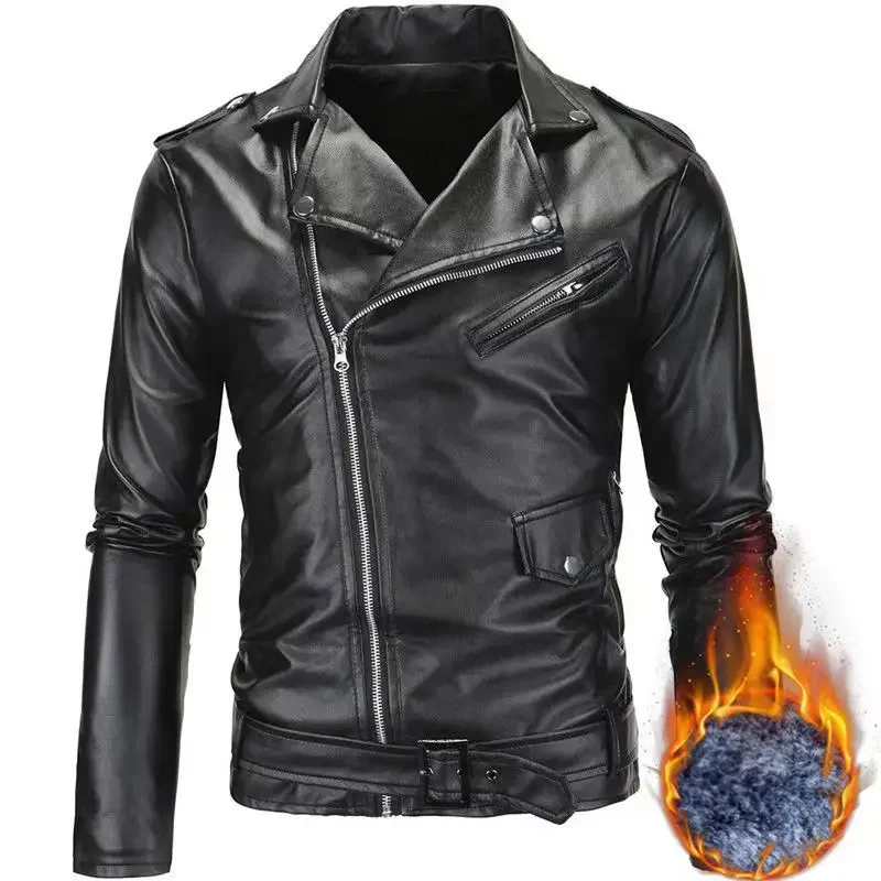 Fashion  PU Leather Jacket Men Buckle Zip Lapel Collar British  Black White Punk Rock Outwear Coats 2023