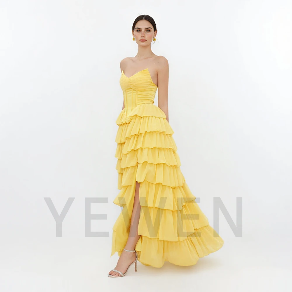 

A Line Tiered Prom Dress V Neck Evening Dress Side Slit Formal Party Gown