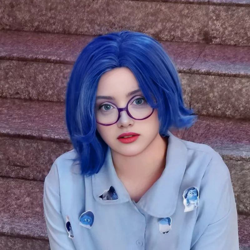 Parrucca per capelli corti blu Inside Out Sadness Joy con simulazione del cuoio capelluto